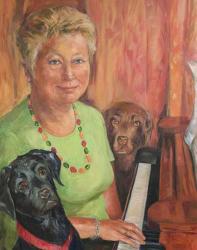 Gill Roache and Dogs - oil on canvas