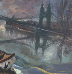 Hammersmith Bridge Evening With Boat - oil on board 2021