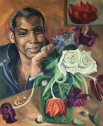 Aaron and Flowers - oil on board 2020