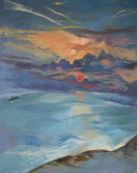 Sunrise and Boat Over Sea - oil on canvas