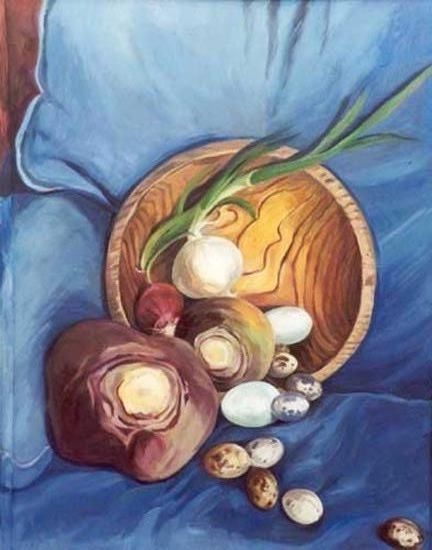 Sprouting Onion on Blue Chair - oil on canvas